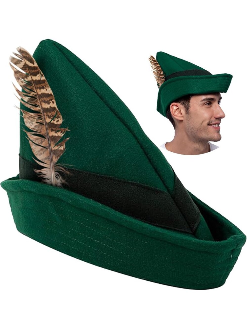 🎃Felt Robin Hood Hats with Feather Alpine German Hat Green Tyrolean Costume
